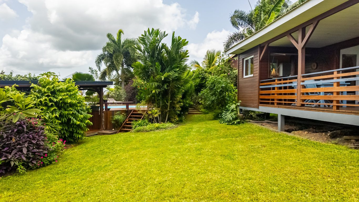 Carbet avec bar en bois et transats face à la piscine, Au Jardin d'Éole