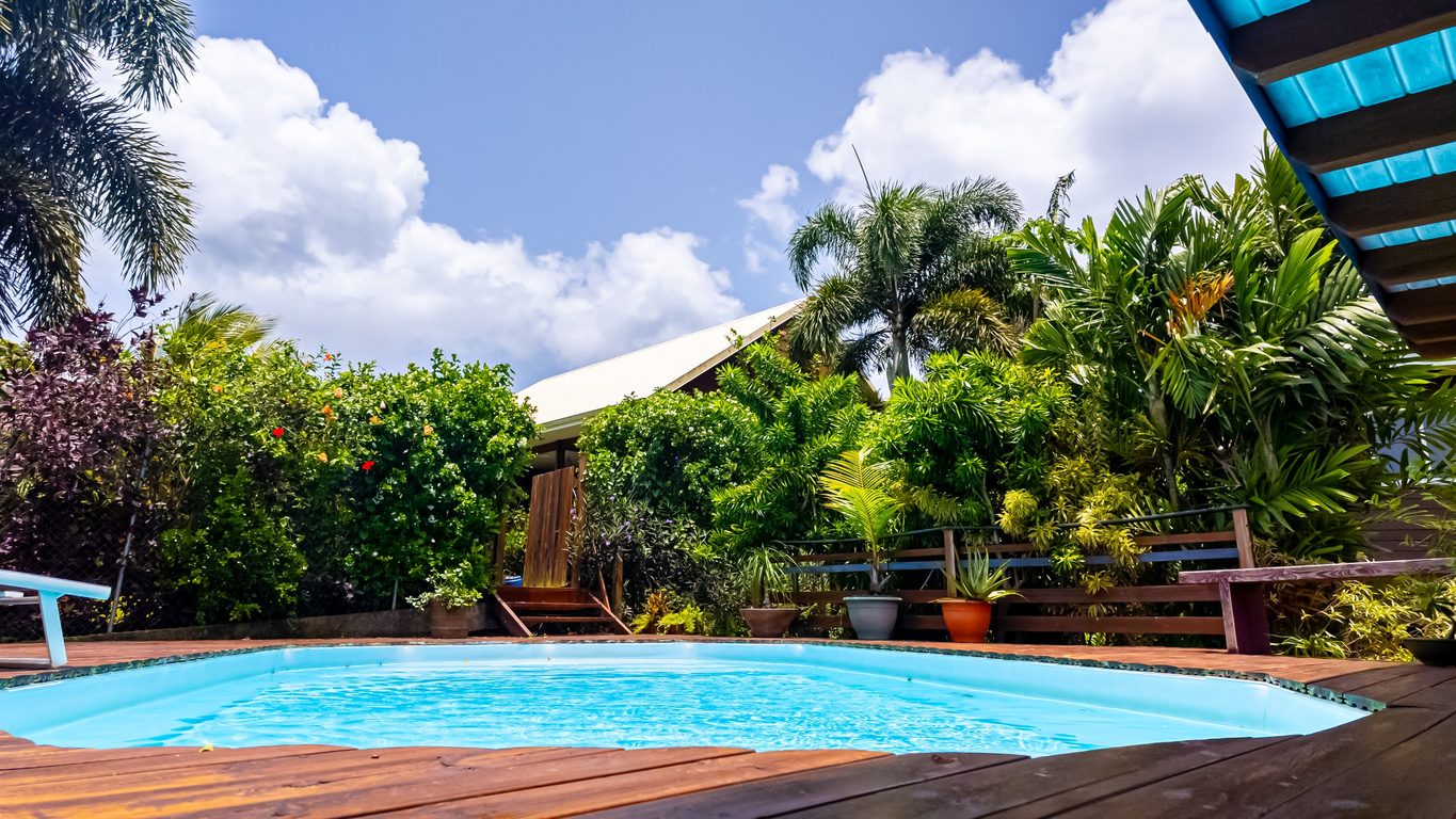 Piscine au sel entourée de jardin tropical, domaine Au Jardin d'Éole à Sainte-Rose, Guadeloupe